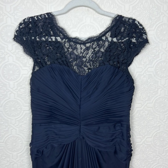 Adrianna Papell Lace Yoke Gown Drapped Dress Lacey Navy Blue Rouched Maxi - Picture 6 of 10